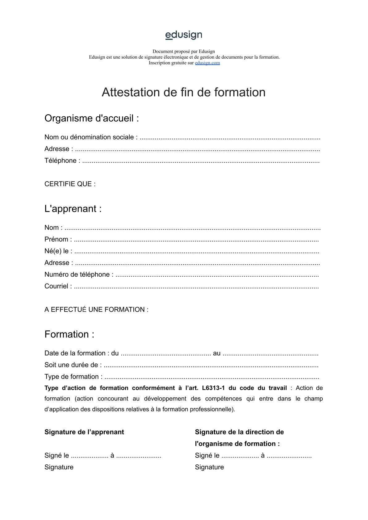 Exemple d'attestation de formation professionnelle avec les mentions obligatoires