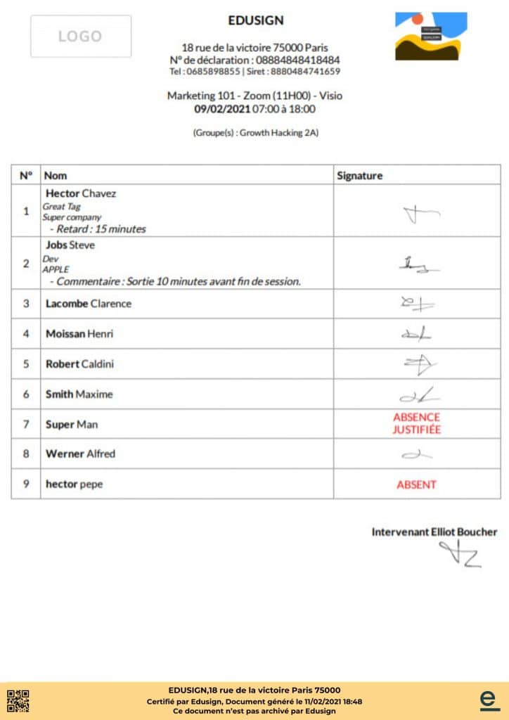 Training attendance sheet template with the mandatory fields, downloadable in Word and PDF